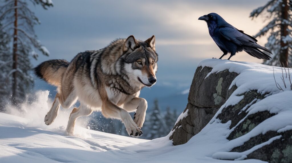 Wolf running through the snow toward a raven